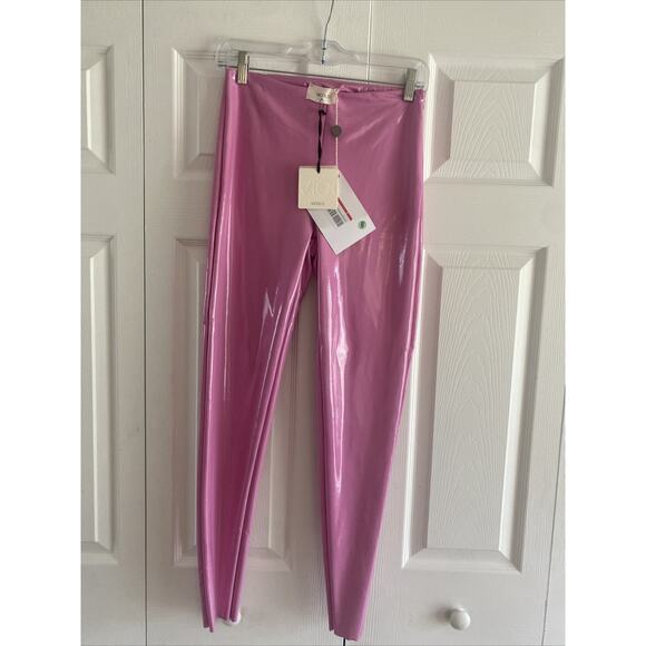 Vicolo Womens Pink Small Faux Vinyl Pants Straight Skinny Leg Barbie - Picture 1 of 8
